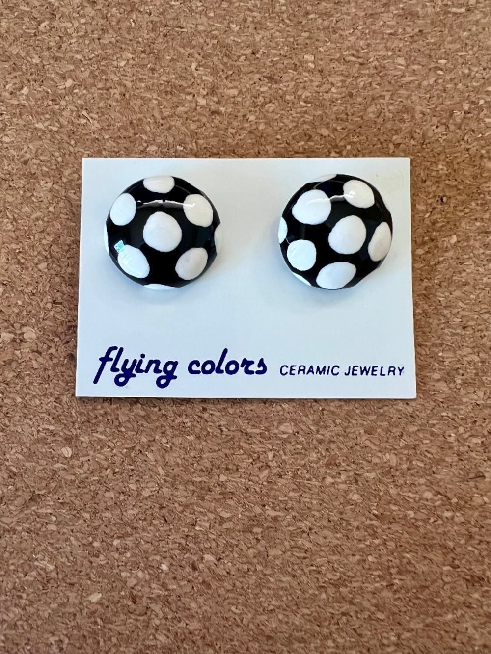 Vintage Flying Colors Black & White Polka Dot Ceramic Earrings